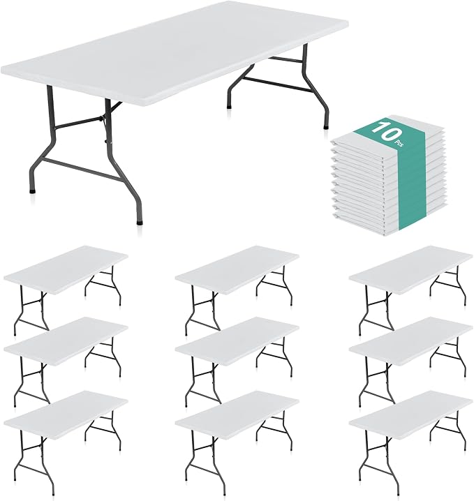 LUSHVIDA 10 Packs Vinyl Tablecloths with Flannel Backing for 8ft Rectangle Folding Table Cloths - Waterproof Plastic Picnic Table Covers with Elastic Corners, 30x96 inch, White