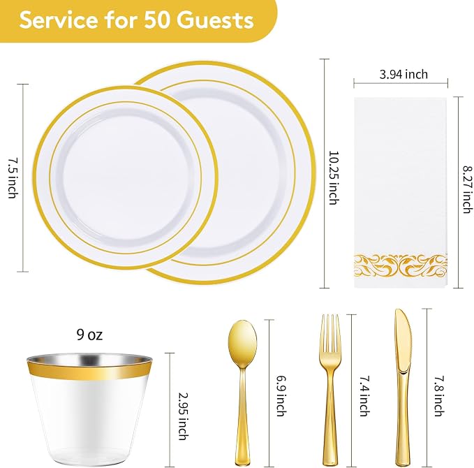 Goodluck 350 Pieces Gold Dinnerware Set for 50 Guests, Plastic Plates Disposable for Party, Include: 50 Gold Rim Dinner Plates, 50 Dessert Plates, 50 Paper Napkins, 50 Cups, 50 Gold Silverware Set