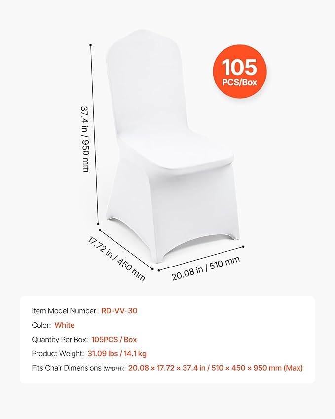 VEVOR Chair Covers, Polyester Spandex Chair Cover, Stretchy Flat-Front Chairs Protective Slipcover, Universal Fitted for Dining Party Wedding Banque (105PCS, White)