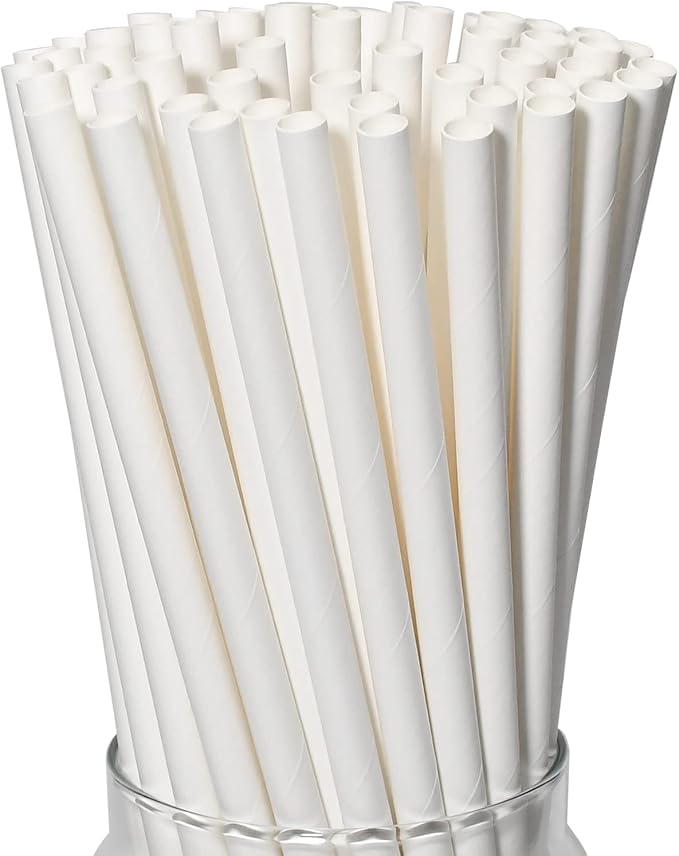 [300 Pack] Biodegradable 10 Inch Long Giant Paper Drinking Straws 8mm Wide - Individually Wrapped, Plain White