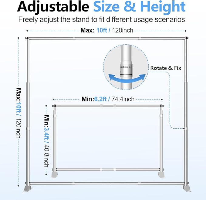10 x 10FT Backdrop Banner Stand, Heavy Duty Adjustable Photo Background Support Frame Kit, Step and Repeat Stand for Photo Booth, Parties, Exhibition, Trade Show, Wedding - Silver