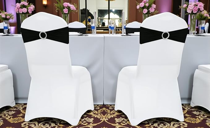 VDS - Black | Spandex Chair Sashes Bows | 75 PCS | Stretch Elastic Banquet Universal Folding Chair Band Tie with Silver Buckle Slider for Wedding Party Conference Celebration Event Decoration
