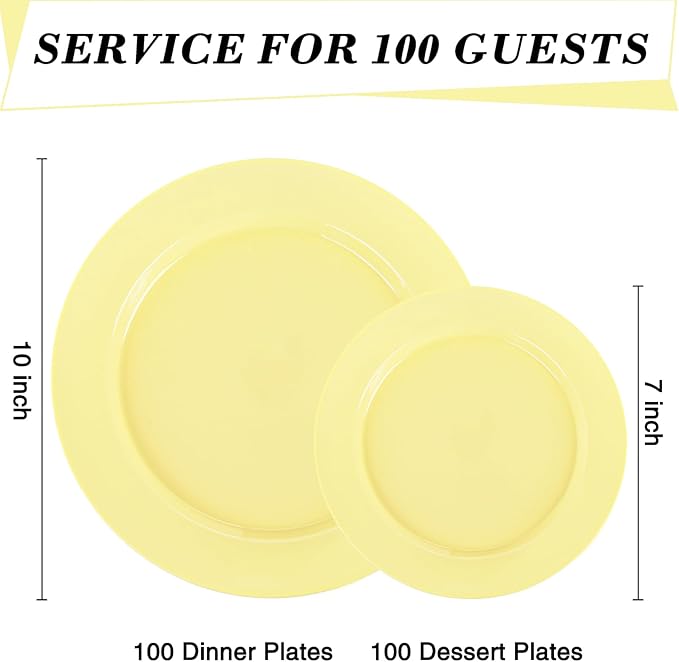 FLOWERCAT 200PCS Yellow Plastic Plates Disposable Plates for Party - Heavy Duty Plastic Plates - 100 10" Dinner Plates and 100 7" Salad Plates for Weddings, Easter Parties and Events