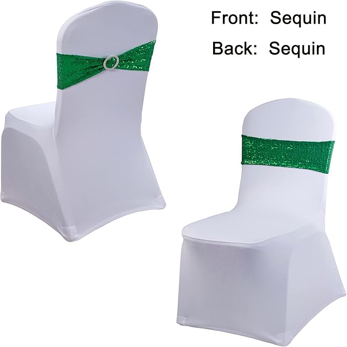 Sequin Green Chair Sashes 100 Pack Glitter Christmas Chair Bows Emerald Green Chairs Bands with Buckles for Wedding Birthday Party Bridal Shower Anniversary Engagement Events Decorations
