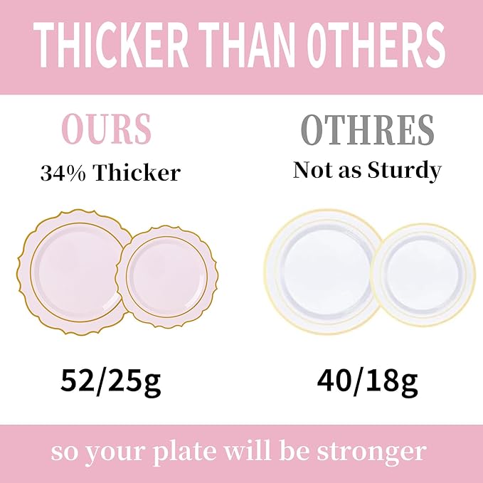 350PCS Pink Plastic Plates, Gold Plastic Dinnerware Sets for 50 Guests, Include 100 Disposable Plates, 50 Cups and 50 Pre Rolled Napkins for Mother's Day, Party and Wedding