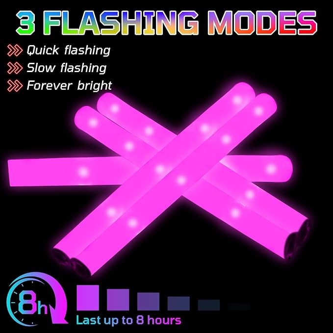 Foam Glow Sticks Bulk, 40 Pack Pink Light Up Foam Sticks 3 Modes Flashing, Glow Party Supplies for Valentine's Day, Mardi Gras, Wedding,Raves, Carnival, Concert, Bar
