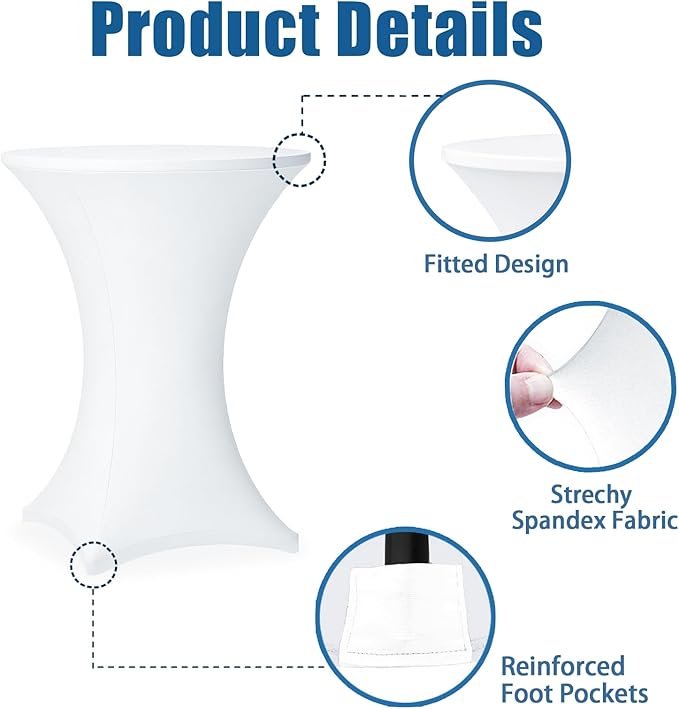 Cocktail Table Covers - 6 Pack 32x43 Inch Table Cloth - White Fitted Stretch Spandex Round High Top Tablecloth for Party, Bar, Birthday, Pub, Banquet