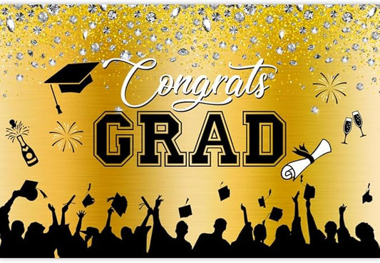 Leowefowa Congrats Grad Backdrop 9x6ft Gold Black Graduation Backdrops for Photography Congratulations Graduates Backdrop Banner Grad Prom Party Decor Grad Photo Booth Props