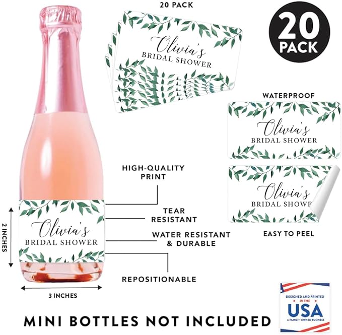 Andaz Press Personalized Bridal Shower Mini Wine Labels for Bottles, Greenery Green Leaves 20-Pack Custom Mini Champagne Bottles Bulk Waterproof Bridal Shower Wine Bottle Labels