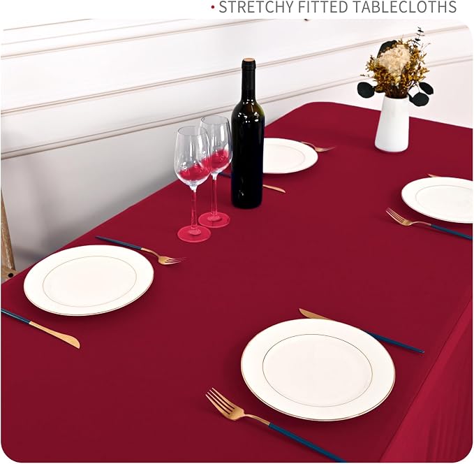 fani 2 Packs Burgundy Stretch Table Skirts for 8 Foot Rectangle Table, Washable Spandex Stretch Tablecloths with Skirt, Wrinkle Resistant Fitted Tablecover for Wedding Party Banquet