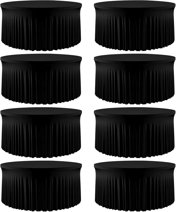 8 Pack Black Round Spandex Tablecloths for 60 inch Table, Wrinkle-Free Stretchy 5FT Fitted Round Table Covers with Skirt for Wedding Birthday Graduation Party Banquet Events