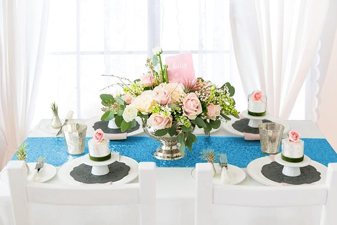 ShinyBeauty Turquoise Sequin Table Runner 12x108-Inch Wedding Shower Decorations Aqua Runner-Pack of 5 Linen Table Runner 108 Inches Long Birthday Table Runner for Party Baby Shower Decor
