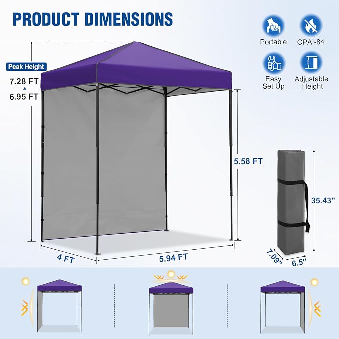 6x4 Pop Up Canopy Tent with One Wall Panel, Instant Portable Beach Canopy, Outdoor Tent with Carry Bag for Camping, Sports, Tailgating, Events, Purple