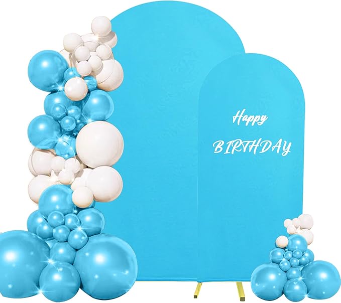 Set of 2 Wedding Arch Cover 2-Sided Round Top Spandex Fitted Arch Backdrop Cover for Birthday Party Baby Shower Wedding Arch Stand Decorations（7.2FT, 6FT, Blue）