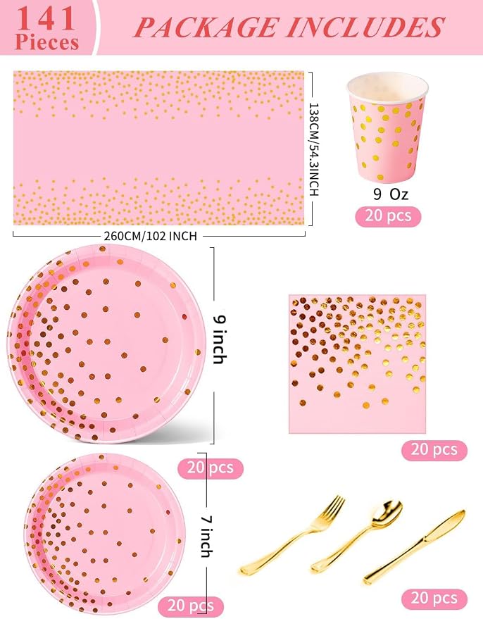 Nkaiso 141 Pieces Pink and Gold Party Supplies, Disposable Party Decorations Sets Include Paper Plates Napkins Cups, Plastic Forks Knives Spoons, for Baby Shower Birthday Wedding -20 Guests