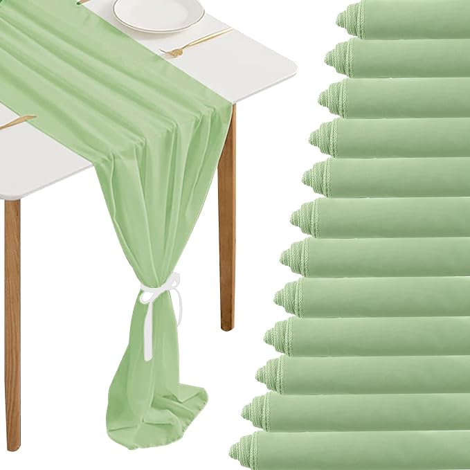 Fivenl 12 Packs Chiffon Table Runner - Sage Green, Sheer, Romantic Style for Wedding, Birthday, Party Decoration (12" x 120")