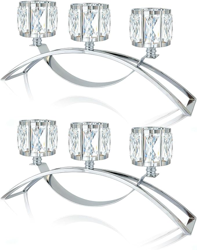 3 Arms Crystal Candle Holders, Arch Candlestick Table Candelabras Centerpieces for Wedding, Dinning Room, Cabinet Ornaments, Home Decoration， Gift (Silver, 2 Pcs-3 Arm Arched)