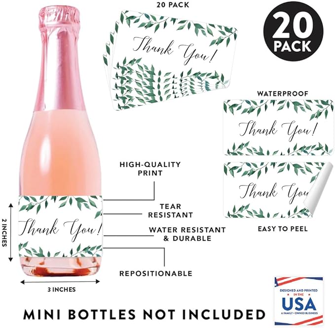 Andaz Press Mini Champagne Wine Bottle Labels, Thank You!, Greenery Green Leaves, 20-Pack, Mini Champagne Favor Gift Labels Baby Shower Bridal Shower Bachelorette Party