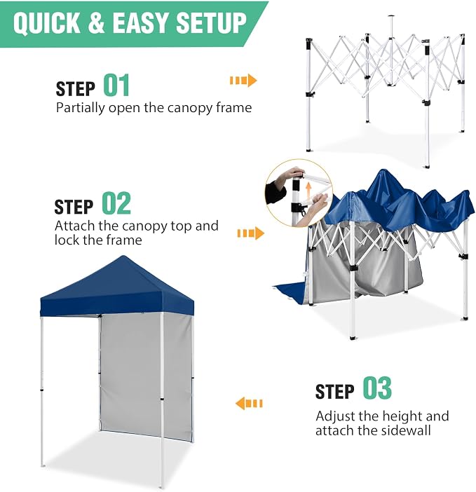5x5 Pop Up Canopy Tent with One Sidewall, Instant Portable Beach Canopy, Outdoor Tent with Carry Bag for Camping, Sports, Tailgating, Events, Dark Blue