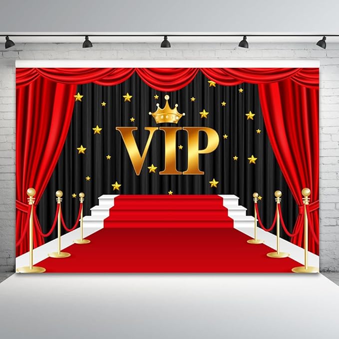 12x10ft VIP Backdrop Red Carpet Gold Crown Photography Background Golden Stars Film Night Music Party Banner Decorations Boys Girls Kids Birthday Parties Newborn Baby Shower Photo Booth Prop