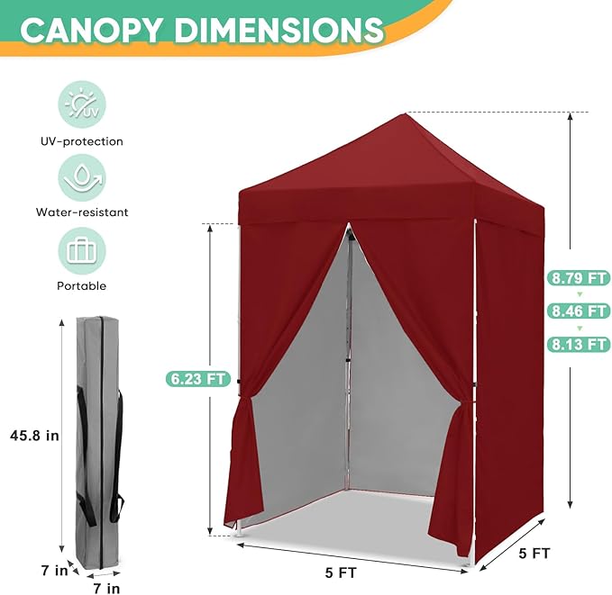 5x5 Pop Up Canopy Tent with Four Sidewalls, Instant Portable Beach Canopy, Outdoor Tent with Carry Bag for Camping, Sports, Tailgating, Events, Burgundy