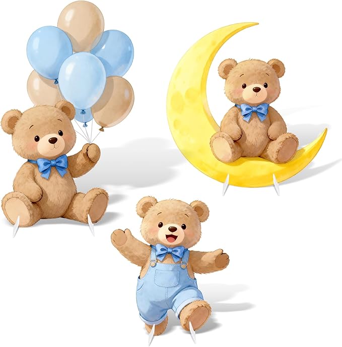 3Pcs Blue Bear Baby Shower Decorations, Large Moon Bear Cardboard Cutout Standup with Yard Stakes & Stands for Boy Bear Birthday Indoor Outdoor Photo Booth Props Cartoon Party Supplies