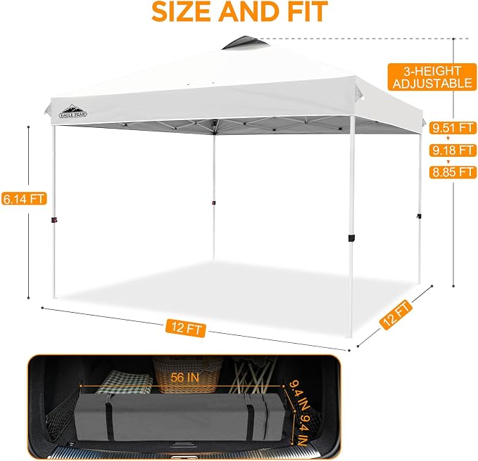 EAGLE PEAK Pop Up Canopy Tent with Wheeled Carry Bag, 8 Stakes, 4 Ropes, 4 Weight Bags, Easy Set Up Tent Canopy, 12x12 ft, 144sqft of Shade, White