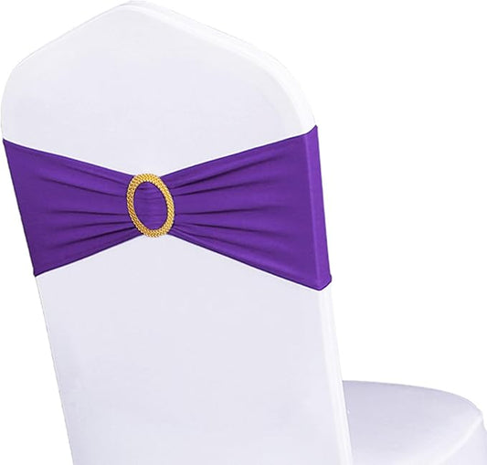 Pack of 50 Spandex Purple Chair Sashes with Gold Buckles, Stretch Chairs Sashes for Wedding Party Baby Shower Ceremony Event Decorations Chair Bands Bows (Purple Sashes, Gold Buckles)