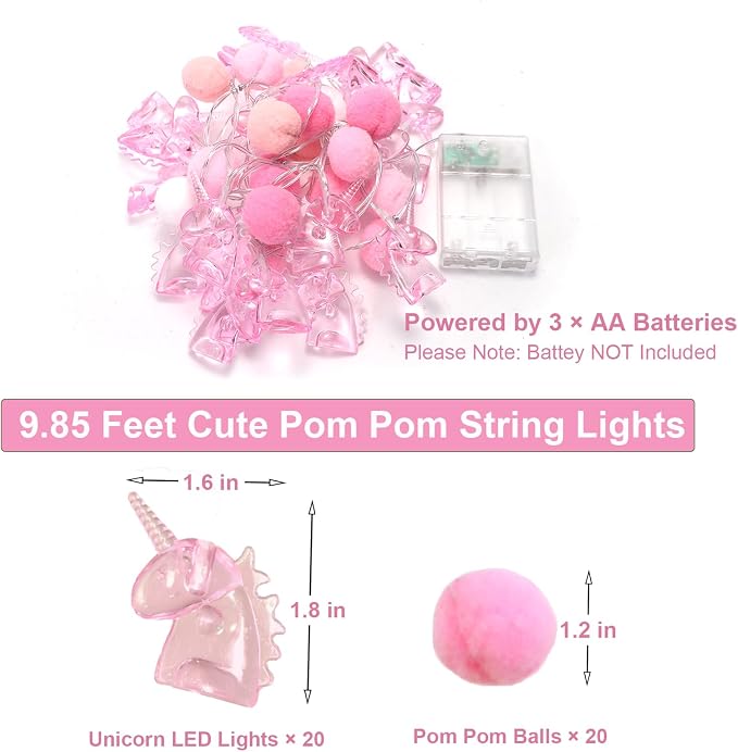 9.85FT Room Decor String Lights with 20 Cute PomPoms 20 Pink Unicorn LED Lights Battery Operated with Timer for Girls Bedroom Birthday Party Kids Playhouse Wedding Valentine's Day Christmas Decoration