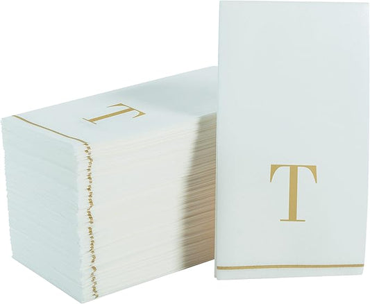 Luxe Party 112 Pack Monogram Napkins | Letter T Initial | Disposable | Premium Airlaid | Linen Feel | Decorative Table Setting | Guest Towel Napkin | White and Gold