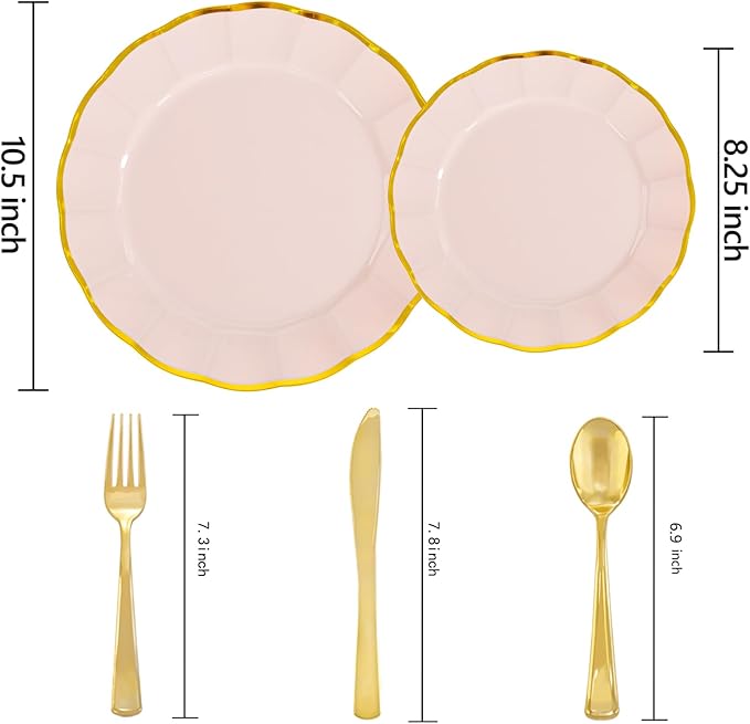 ejonirinjonir EI 150pcs Pink Plastic Plates with Gold Plastic Silverware,Pink Party Plates,Heavy Duty Plate Disposable,Gold Dinnerware Set for Birthday, Afternoon Tea,Wedding,Valentine's Day