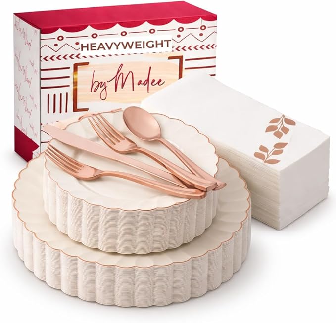 By Madee HEAVYWEIGHT 175 Pc Fancy Disposable Dinnerware Set | Ivory Scalloped Rose Gold Plates and Napkins, Cutlery | Elegant Disposable Plates Set for Wedding, Bridal Shower, Baby Shower (25 Guests)