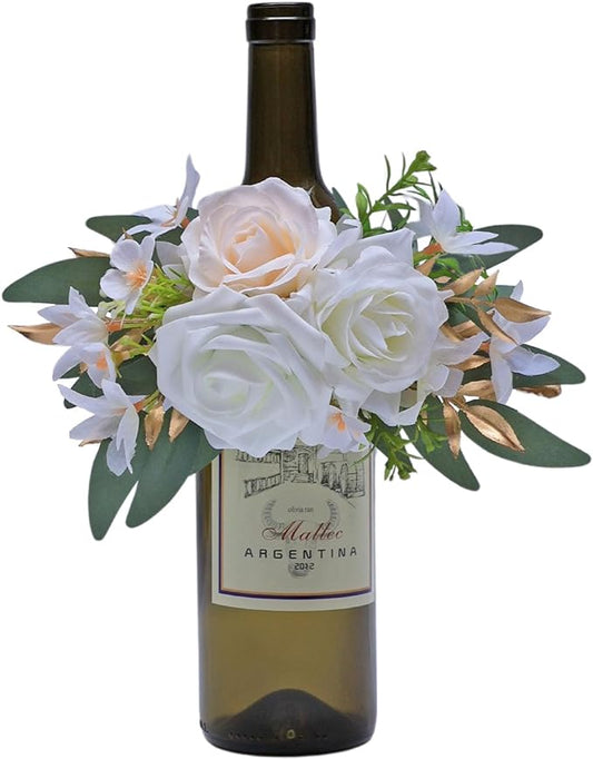 CherishedMoments 1Pcs Wine Bottle Flower Set, Dining Tables, Plates Decorations，White Artificial Flowers Wine Bottle for Wedding Ceremony Anniversary, Wedding Home Decor