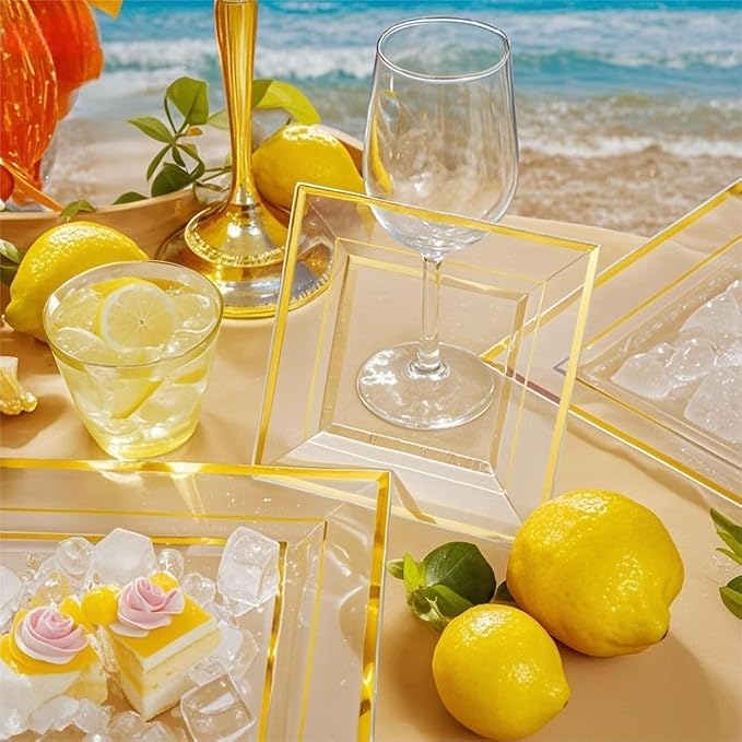 Festiva 350Pcs Clear Plastic Plates with Gold rim - Clear Gold Disposable Dinnerware for 50 Guests include Square Plastic Plates/Cups/Cutlery/Napkins Perfect for Birthday Party&Wedding