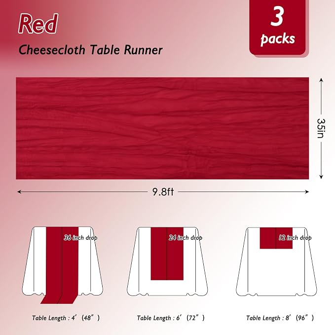 3 Pack Red Cheesecloth Table Runner 120 Inch 10FT Cheese Cloth Fabric Runners for Banquet, Valentine's Day, Independence Day, Retro Decoration