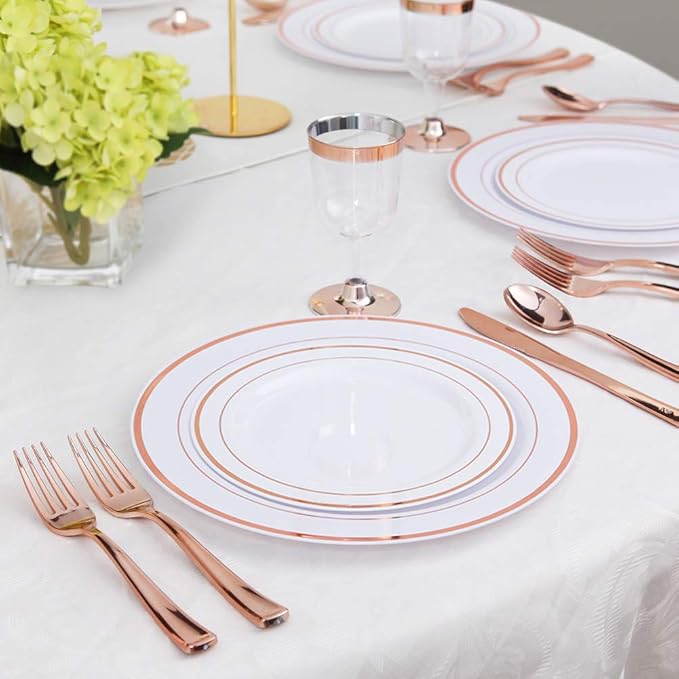 WDF-125PCS Rose Gold Plastic Silverware&Disposable Plastic Plates - Disposable Plates include 25 Dinner Plate,25 Salad Plate,25 Forks, 25 Knives, 25 Spoons for Mother's Day Wedding Party Birthday