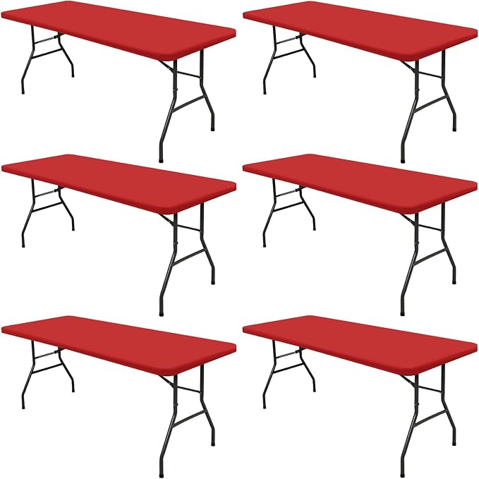 6 Pack Picnic Fitted Table Cover for 6 Foot Tablecloth for Rectangle Tables Waterproof Stretch Washable Folding Indoor and Outdoor Spandex Table Cloth for Camping Banquet and Parties (Red,30" x 72")