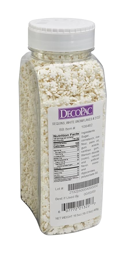 DecoPac White Snowflake Quins, 16.5oz, Fancy Sprinkles Shaped Like Snowflakes, Candy Sprinkles in Handheld Container, Edible Sprinkles For Celebration Cakes, Cupcakes, Cookies 1.03 Pound (Pack of 1)