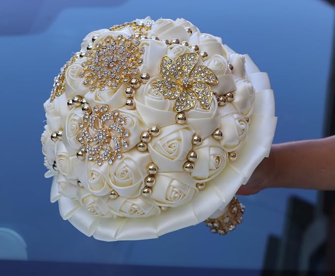 Gold Brooch Bridal Wedding Bouquet for Bride Bridesmaid Quinceanera with Bling Rhinestone Pearl Satin Rose Flower Bouquet Wedding Ivory 8.3in