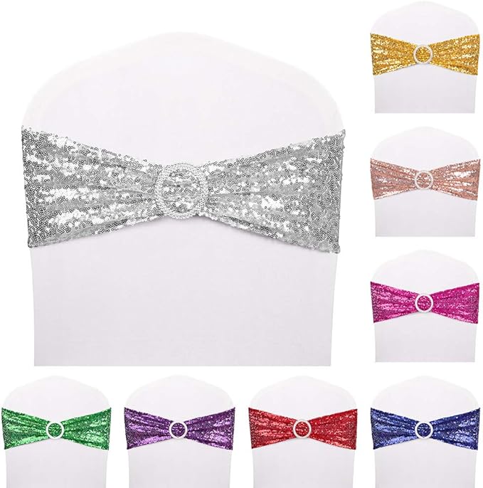 Pack of 50 Chair Sashes Sequin Stretchy Spandex Bands Decorative Bows One-Sided Sequins Decor for Romantic Wedding Party Home Chair Cover Sash Decorations - Silver