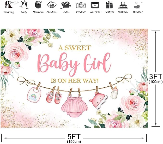 5x3ft Cute Clothes Baby Shower Backdrop for Girls a Sweet Baby Girl is on The Way Newborn Kids Pink Floral Gold Dots Baby Shower Party Decorations Banner Supplies Photo Booth Props
