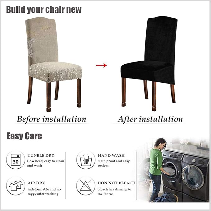 Velvet Plush XL Dining Chair Covers, Stretch Chair Slipcover, Spandex High Chairs Protector Covers Seat Slipcover with Elastic Band for Dining Room,Wedding, Ceremony, Banquet (Black, Set of 6)
