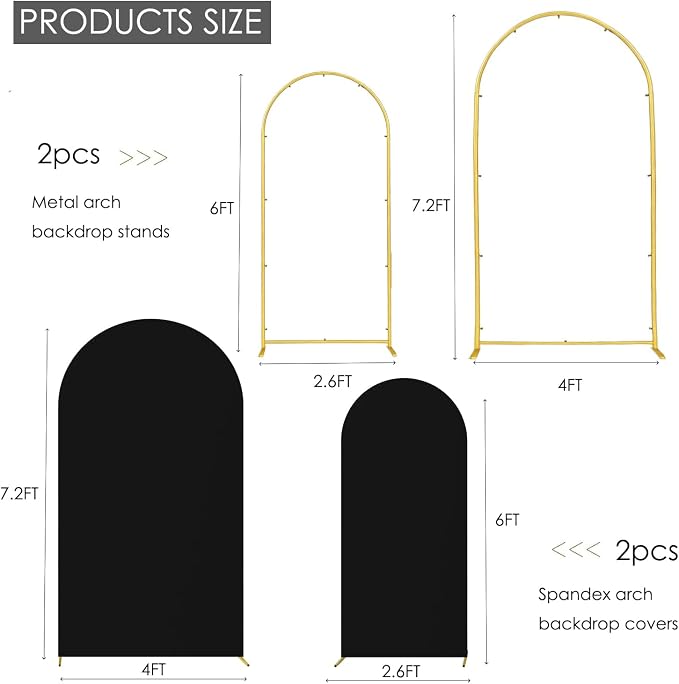 Wedding 6FT/7.2FT Arch Backdrop Stand and Cover Set of 2, Black | Metal Arch Backdrop Stand, High Elasticity Arch Cover, For Wedding Birthday Baby Shower Celebration
