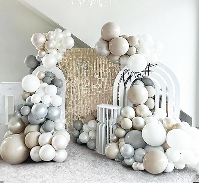 Grey White Sand Balloon Garland - Double Stuffed Beige Pearl White Neutral Balloon Arch Kit with Silver Color for Bridal Wedding Baby Shower Birthday Party Decoration