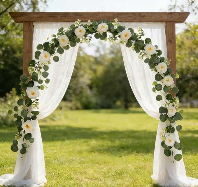 Greenery Garland with White Roses 2Pack: 5.9Ft Artificial Vines Hanging Eucalyptus Leaves for Wedding Arch Swag Backdrop Doorways Table Runner