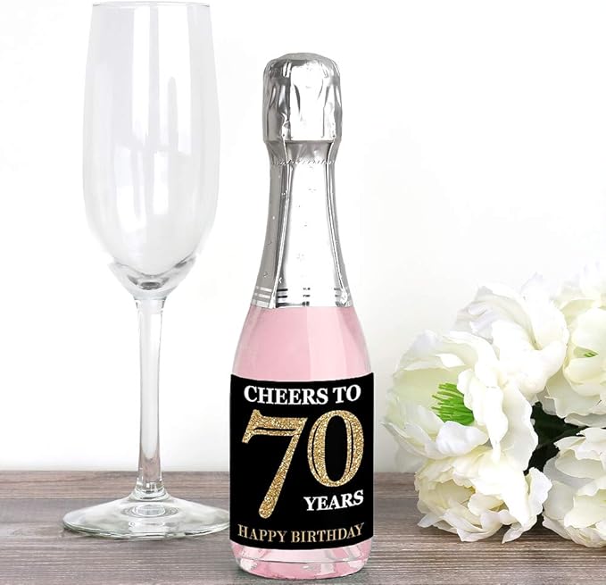 Big Dot of Happiness Adult 70th Birthday - Gold - Mini Wine and Champagne Bottle Label Stickers - Birthday Party Favor Gift for Women and Men - Set of 16