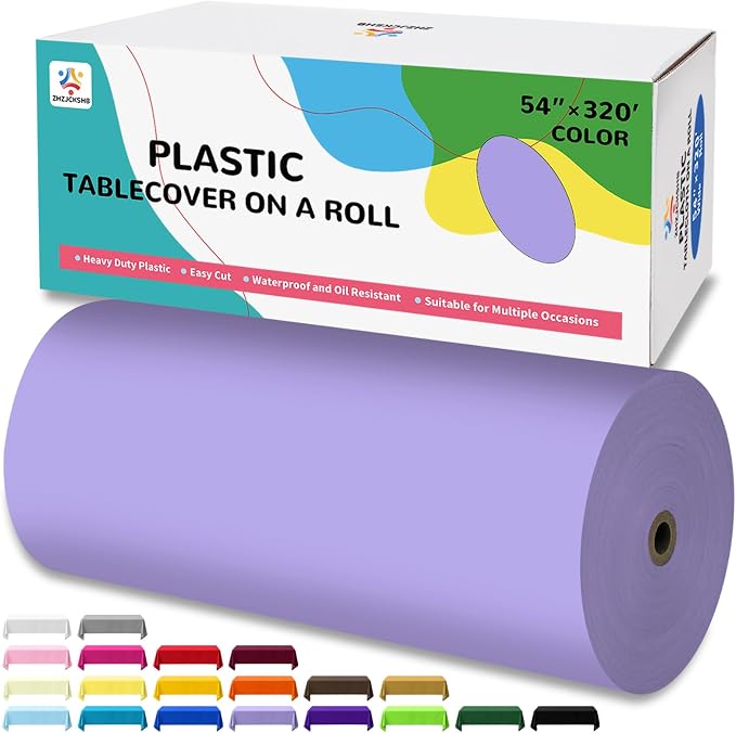54IN X 320FT Plastic Table Cover Roll with Cutter Box, Cut to Size Plastic Table Cloths for Parties, Birthday, Disposable Tablecloth Roll for All Shape Tables (Light Purple, 54 Inch X 320 Feet)