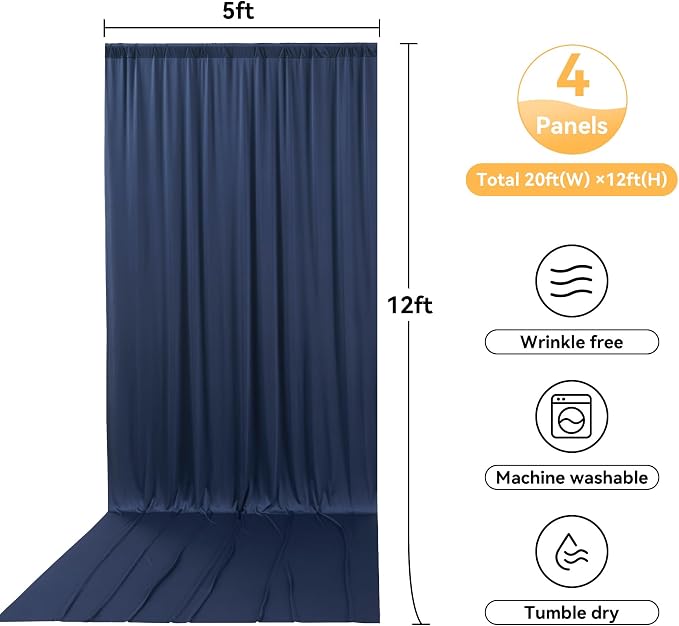 20ft x 12ft Navy Blue Backdrop Curtain for Parties, Wrinkle Free 4 Panels 12ft Long Photo Backdrop Drapes Back Drop Cloth for Wedding Birthday Party Baby Shower Photography Background