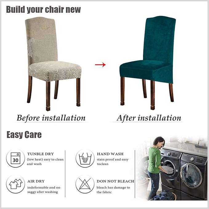 Velvet Plush XL Dining Chair Covers, Stretch Chaircover, Spandex High Chairs Protector Covers Seat Slipcover with Elastic Band for Dining Room,Wedding, Ceremony, Banquet (Teal Green, Set of 4)
