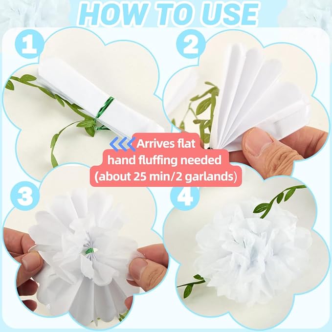 White Tissue Paper Pom Pom Garlands, Paper Flowers for Birthday Decorations, Baby Shower, Wedding Engagement, Bridal Shower, Spring Summer Party Decorations, 2 Pcs